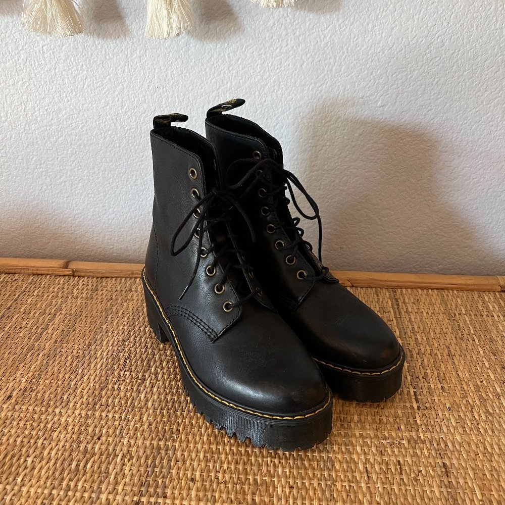 Dr. Martens Black Leather Lug Sole Chunky Grunge Heeled Shriver Lace Up Boots